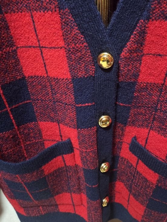 English Factory Plaid Patch Pocket Check Cardigan Red Navy Blue Size Medium NWOT - Picture 4 of 7